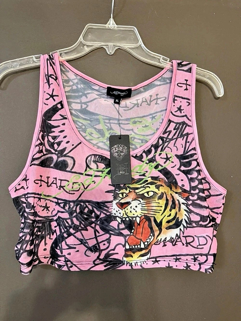 Ed Hardy Pink Tiger Mesh Crop Tank Top Pink & Black XL